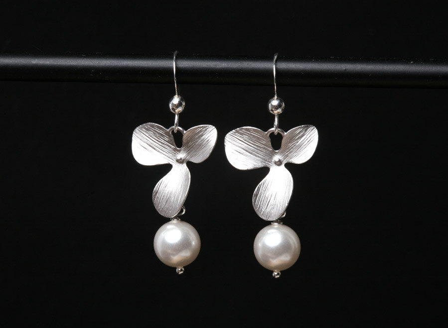 Orchid Flower And Pearl Earrings,sterling Silver Earrings, Wedding Jewelry Birthday Bridesmaid Gifts,birthday Gift, Mothers