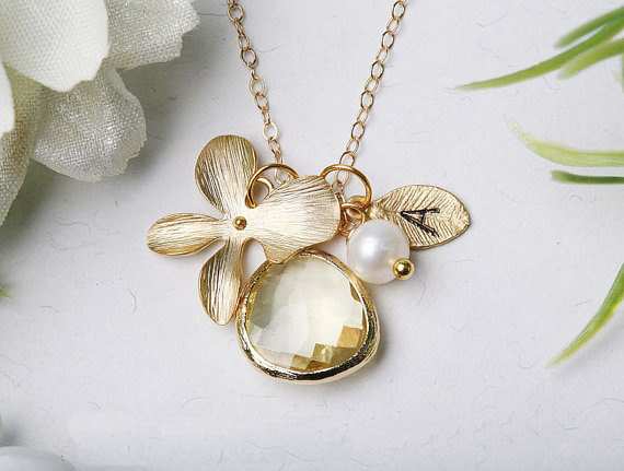 Orchid Flower,stone In Bezel,bridesmaid Gifts,flower Girl,flower Jewelry,gold Leaf Initial Necklace,pearl,wedding,monogram