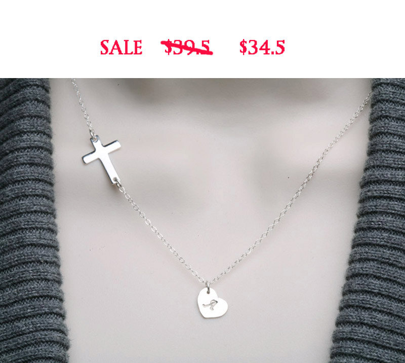 -sideways Cross Necklace With Initial Charm,heart Initial Necklace,blessed,custom Initial,everyday,horizontal Cross