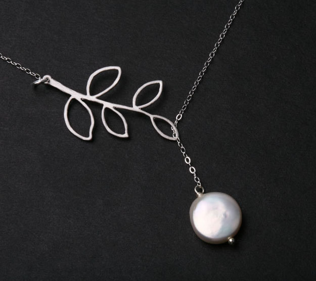 Silver Leaf Twig Branch Coin Pearl On Sterling Silver Necklace,wedding Jewelry, Bridal Jewelry, Bridesmaids Gift, Fall Wedding, Birthday