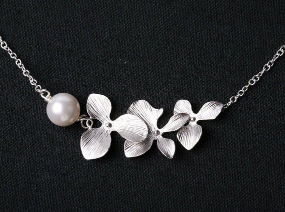 Orchid Flower on sterling Silver Necklace,flower jewelry,flower girl,wire wrapped pearl,bridesmaid gifts,Wedding jewelry
