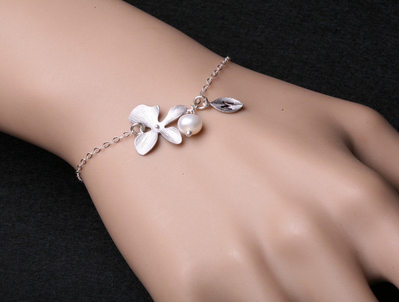 Orchid Flower And Leaf Initial Sterling Silver Bracelet,flower Jewelry,flower Girl,bridesmaid Gifts,wire Wrapped Pearl,adjustable Bracelet
