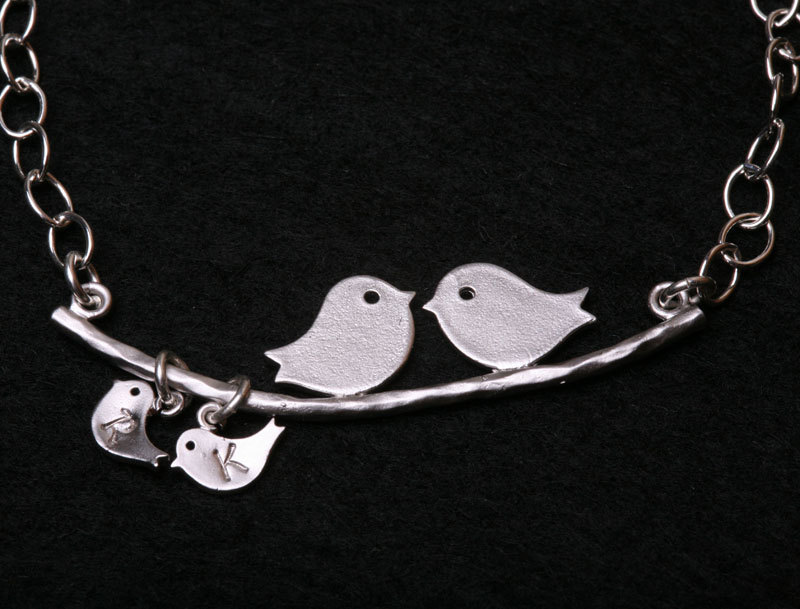 Initial Bracelet,bird On The Branch,bird Initial,two Birds,mother Jewelry,baby Bird Bracelet,two Initial Letters,mom And Baby