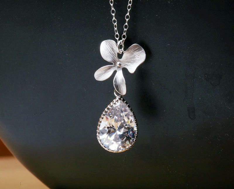 Orchid Necklace,bridal Necklace,large Cubic Zirconia Teardrop,bridesmaid Gifts,flower Jewelry,wedding Jewelry