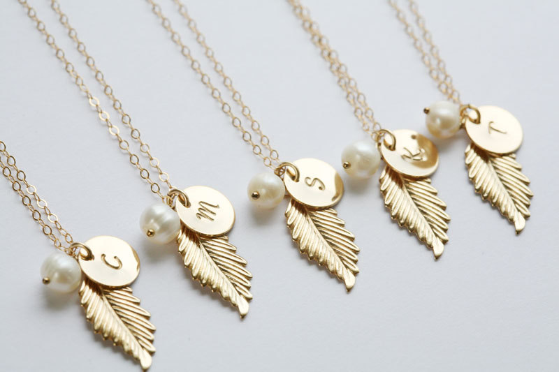 set of 6,Gold Feather Necklace,Initial necklace,Custom initial birthstone,Fall Wedding,Bridesmaid gifts,Wedding,Birthday, Everyday jewelry