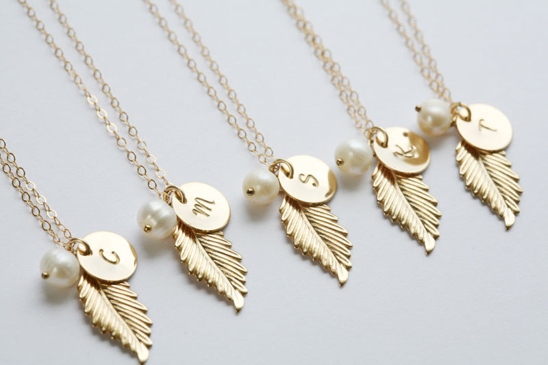 Set Of 6,gold Feather Necklace,initial Necklace,custom Initial Birthstone,fall Wedding,bridesmaid Gifts,wedding,birthday, Everyday Jewelry