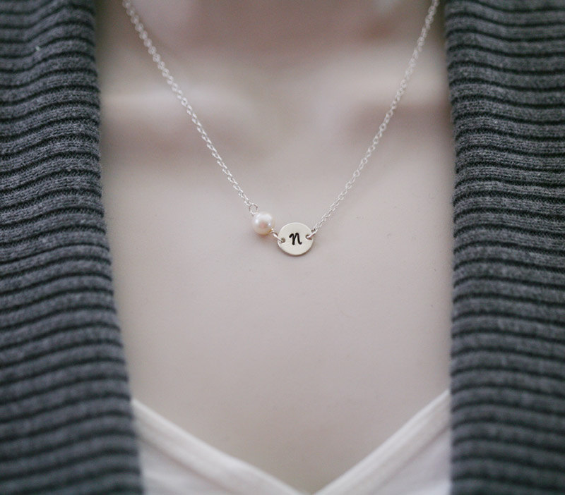 Initial Necklace, Tiny Initial Charm And Pearl Sterling Silver Necklace,simple Daily Jewelry, Birthday, Bridesmaid Necklaces