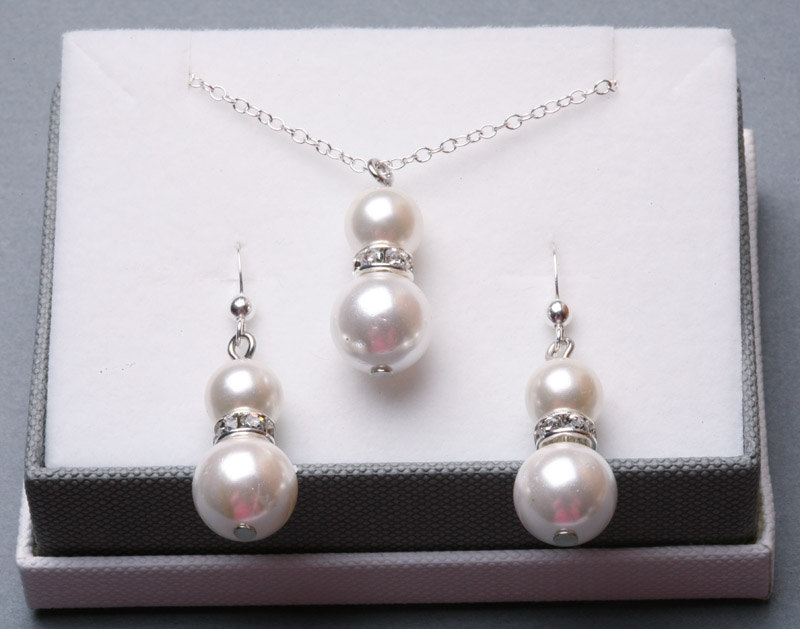Bridesmaid jewelry set, Shell Pearl,wire wrapped pearl and rhinestone crystal STERLING silver set, Wedding Jewelry,bridesmaid gifts