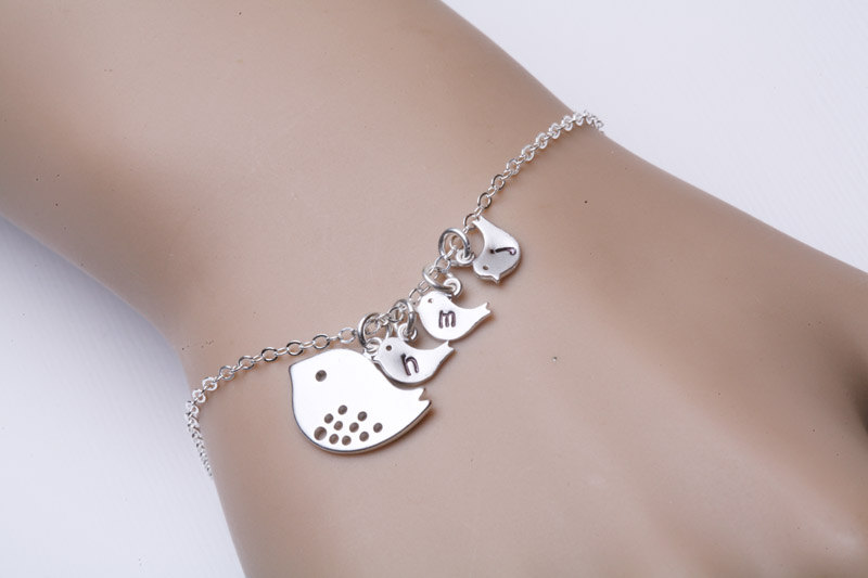 Three Baby Birds,bird Initial Personalized Bracelet,mother Of Three,bird Initial,mother Jewelry,baby Bird Bracelet,mom And Baby