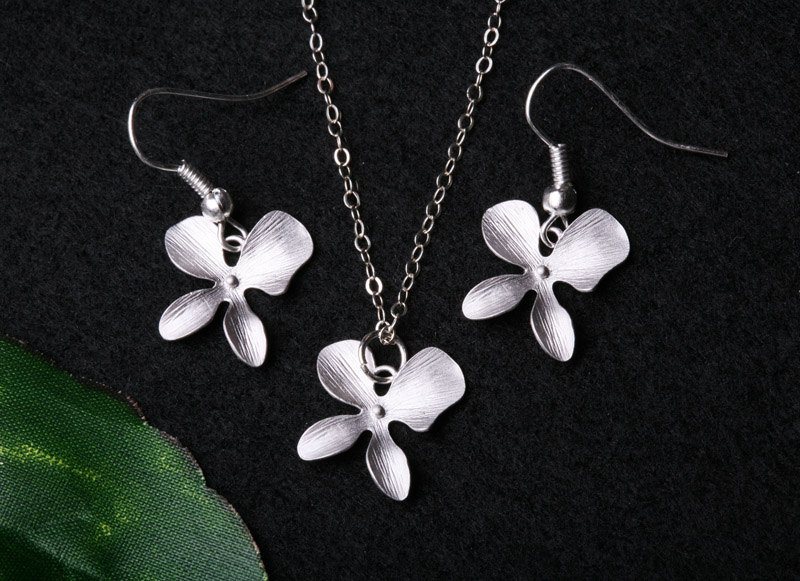 Orchid Flower Jewelry Set,orchid Flower Necklace And Earrings,flower Girl Gift,wedding Jewelry,flower Jewelry