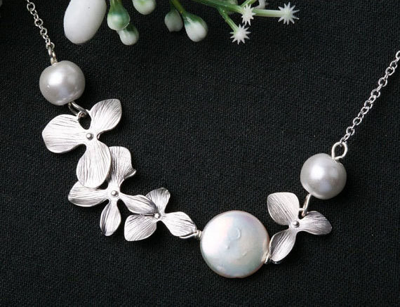 White Coin Pearl and Orchid flowers in Sterling Silver necklace,bridesmaid gift,bridal jewelry,wedding jewelry,birthday gift