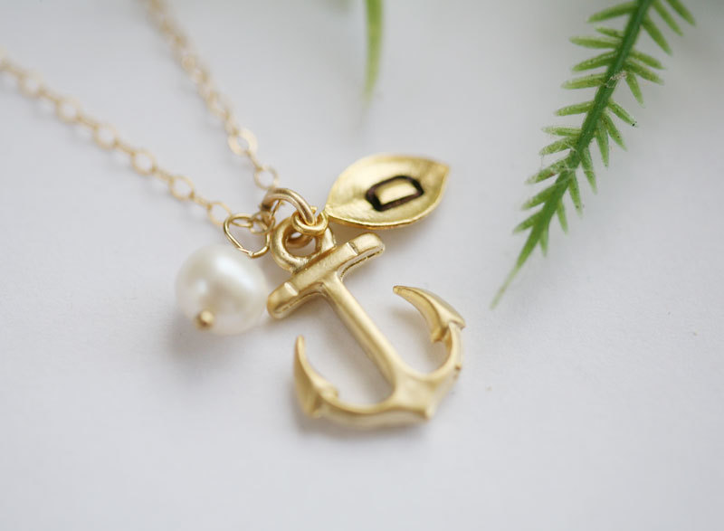 -gold Anchor Necklace,anchor With Leaf Initial,pearl,sailors Anchor,wedding Jewelry,bridesmaid Gifts,daily Jewelry,strength,