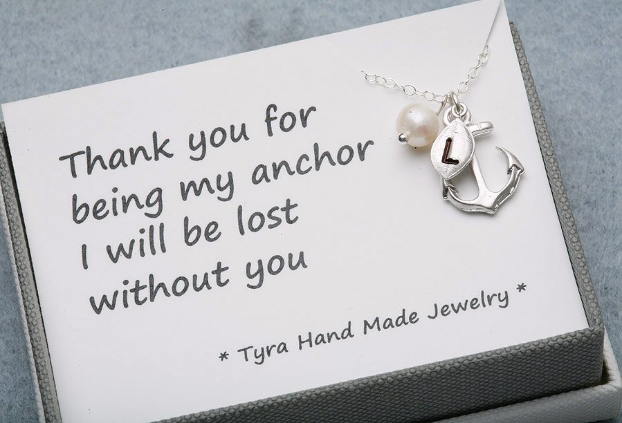Anchor Necklace with card,leaf initial,Pearl,Sailors Anchor,Wedding Jewelry,Bridesmaid gifts,daily Jewelry,strength,