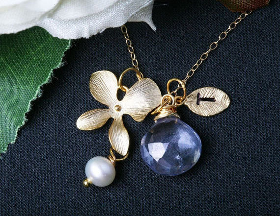 Orchid Flower Necklace,leaf Initial Gold Fill Necklace,custom Initial And Birthstone,wedding Jewelry,birthday,bridesmaid Gifts