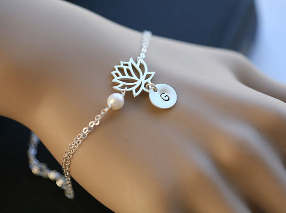 Lotus Bracelet,Sterling silver,Wire wrapped pearl.initial bracelet,bridesmaid gifts,birthday,simply daily jewelry,wire wrapped