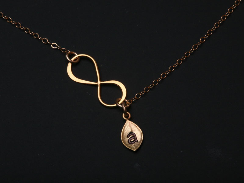 Gold Infinity Necklace With Leaf Initial Charm,leaf Necklace,couple,anniversary,sisterhood,friendship, Friend