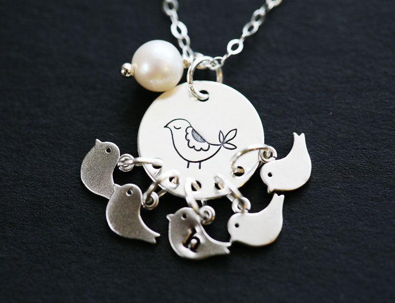 Grandma & Baby Bird Initial Pearl Necklace, Original Design From Tydesign, Mother Of Five, Grandma Gift, Mother Gift