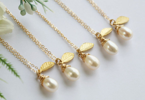 Bridesmaid Gifts,set Of 4,wire Wrapped Pearl Necklace,leaf Necklace,gold Filled,bridesmaid Necklace,wedding Jewelry