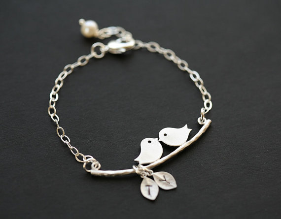 Initial Bracelet,bird On The Branch,leaf Initial,bridesmaid Gifts,wedding Jewelry,friendship,mother Jewelry,mom And Baby