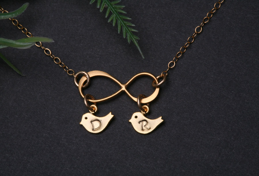 Gold Infinity Necklace With Bird Initial Charm,bird Necklace,mother Jewelry,couple,twins,friendship, Friend