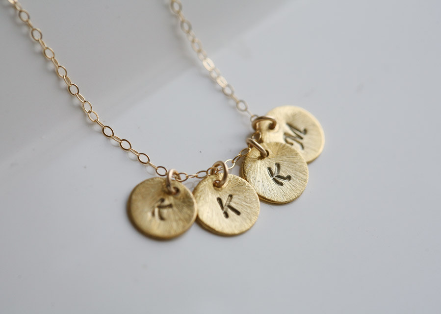 Textured Disc,personalized Initial,monogram Necklace,four Initials,tiny Initial Letter Charm,family,bridesmaids Jewelry
