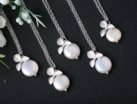 Set Of 4,freshwater Coin Pearl And Orchid Flower Sterling Silver Necklace,flower Girl,bridesmaid Gifts,wedding Jewelry,bridal