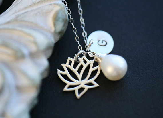 Lotus Necklace,customize Monogram Initial Sterling Silver Necklace,wire Wrapped Pearl,wedding Jewelry,bridesmaid Gifts,birthday,flower Girl