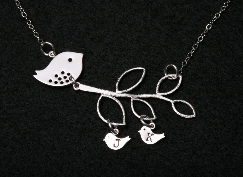 Bird Initial,bird Necklace,bird On The Branch,mother Jewelry,initial Necklace,mother's Day,family Bird,lariat Sterling Silver Necklace