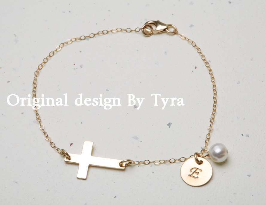 14k Gold Sideways Cross Bracelet,initial Bracelet,personalized Bracelet,gold Sideways Cross,blessed,everyday Jewelry,daily Jewelry