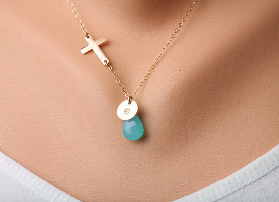 Gold Cross Necklace,blessed Necklace,small Gold Filled Cross,custom Initial And Birthstone,original Design,birthday