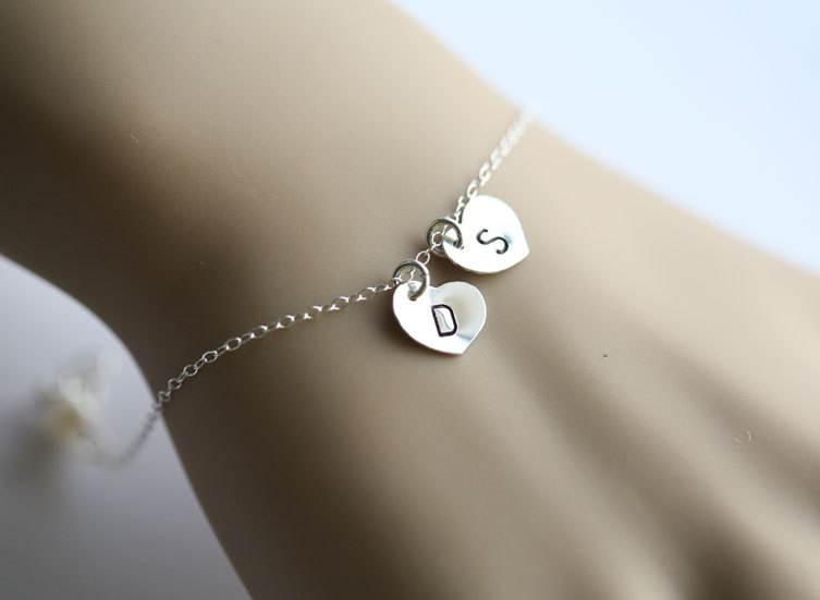 Heart Initial,heart Bracelet,custom Initial Sterling Silver Bracelet,anniversary Gift,wedding Jewelry,mother Jewelry