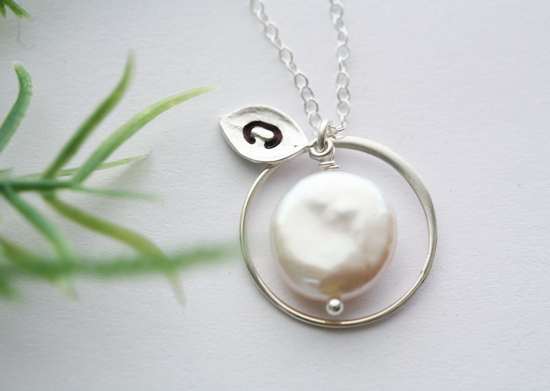 Eternity Circle Necklace,coin Pearl, Leaf Initial, Bridesmaid Gifts,wedding Jewelry,halo Necklace,everyday Jewelry