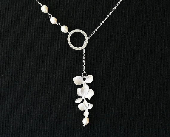 Orchid Flower Sterling Silver Necklace,wire Wrapped Pearl,hammered Circle Eternity,wedding Jewelry,bridesmaids Necklace
