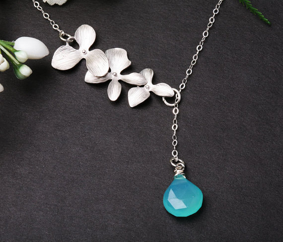 Orchid Flower Sterling Silver Necklace,aqua Chalcedony,flower Necklace,wedding Jewelry,bridesmaid Gifts,flower Girl,birthday Gift