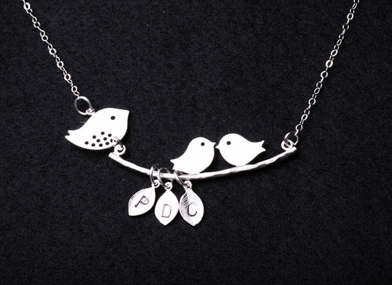 Bird And Branch Necklace,leaf Initial,leaf Necklace,family,grandma Jewelry,mother Jewelry,personalized,mom And Baby