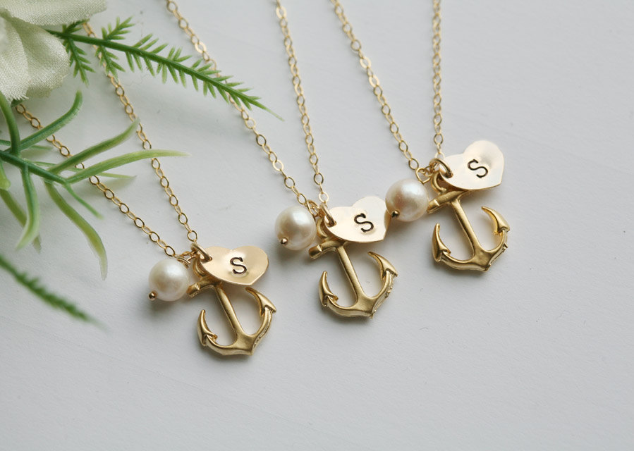 10% OFF,Set of 6,Gold Anchor Necklace,Anchor with Heart initial,Monogram necklace,Sailors Anchor,Navy Wedding Jewelry,Strength,Personalized