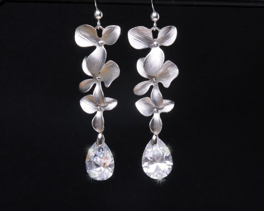 Orchid Flower Earrings,bridal Earrings Cubic Zirconia Earrings,bridesmaid Earrings,teardrop Cz Earrings,wedding Jewelry,cubic Zirconia