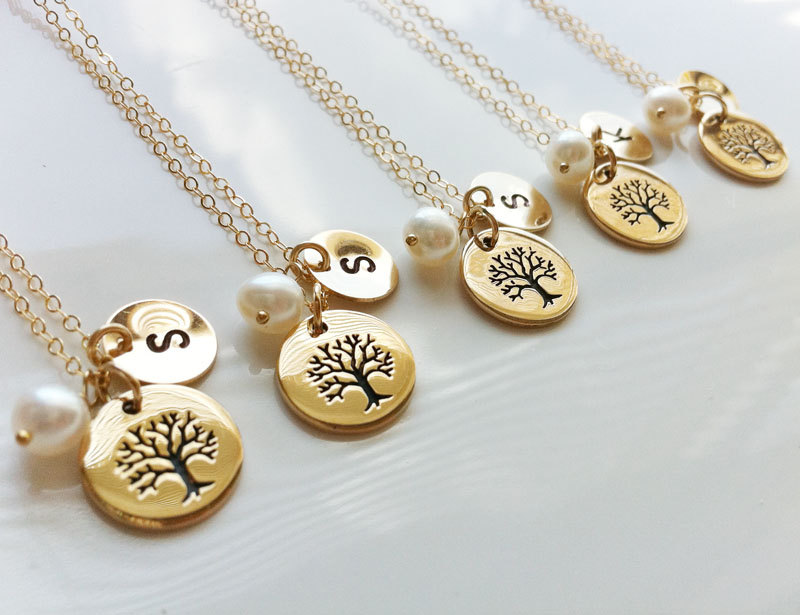 Set Of 5,family Tree Gold Filled Necklace,custom Initial Necklace,mother Jewelry,birthday,mother's Day,anniversary Giftersary Gift
