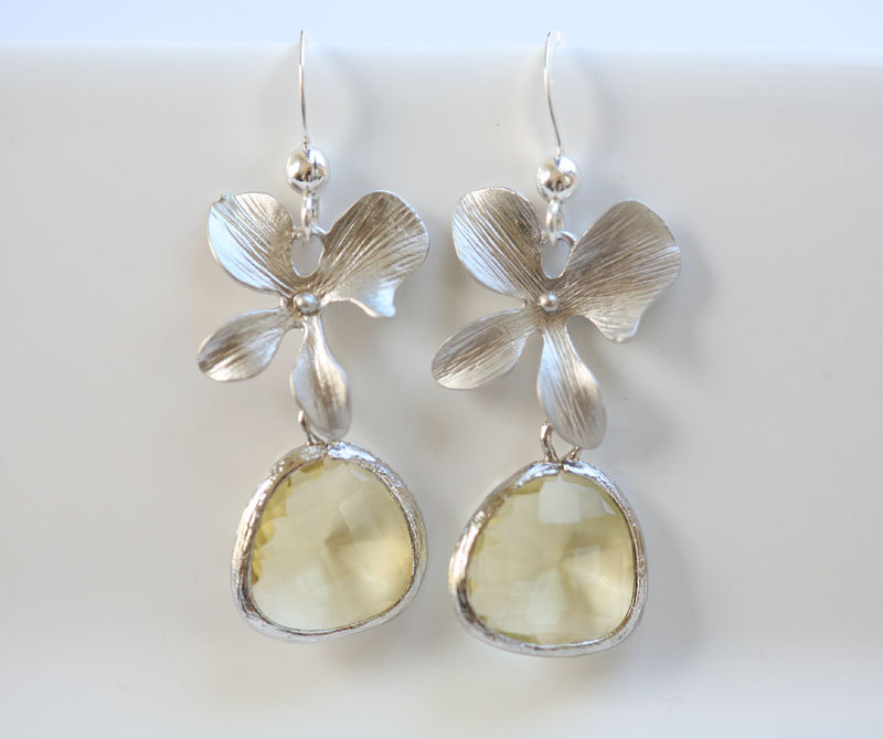 Citrine Sterling Silver Earrings,stone In Bezel,orchid Flower Earrings,flower Jewelry,bridesmaid Gifts,wedding Jewelry,bridesmaid Earrings