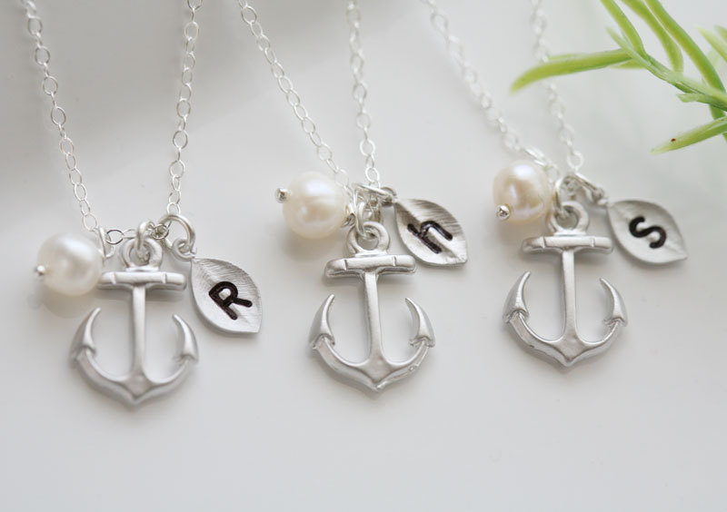 Set of 5,Anchor Necklace,Anchor with leaf initial,Pearl,Sailors Anchor,Wedding Jewelry,Bridesmaid gifts,daily Jewelry,strength,