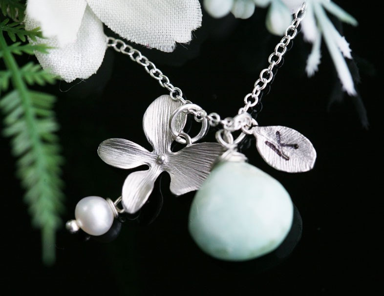 Orchid Flower Necklace,leaf Initial,customize Initial And Birthstone,sterling Silver Necklace,bridesmaid Gift,wedding Jewelry,birthday