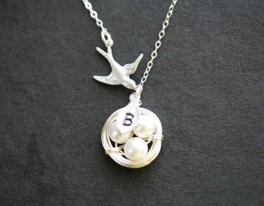Original Version,Mom's love,custom initial,mom and baby,nest and bird sterling silver necklace