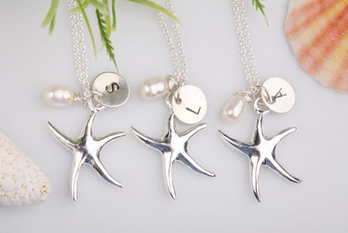 Set Of 5 Starfish Necklace Custom Initial Wire Wrapped Pearl