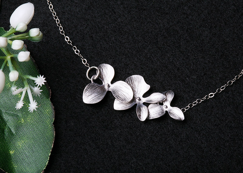 Silver Orchid Flower,Triple Orchid flower on Sterling Silver Necklace,Flower girl gift,Birthday,Bridesmaid gifts,Wedding jewelry