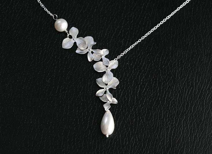 Orchid flower,Pearl,sterling silver necklace,bridesmaid gifts,Wedding jewelry,flower girl,anniversary,flower necklace