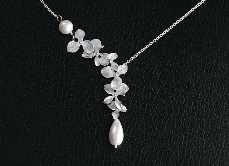 Orchid Flower,pearl,sterling Silver Necklace,bridesmaid Gifts,wedding Jewelry,flower Girl,anniversary,flower Necklace