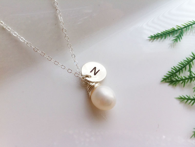 initial necklace,wire wrapped pearl,Bridesmaid Gifts,Custom initial and birthstone,initial letter charm,