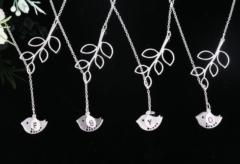 Set Of 4,lovely Bird And Leaf Sterling Silver Necklace, Custom Initial,bridesmaid Gifts,wedding Jewelry,bridal,monogram Stamped Initial