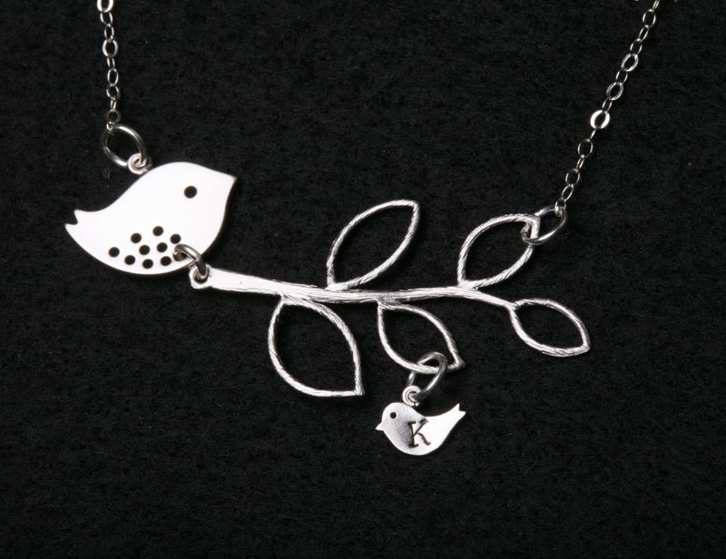 Bird initial,Bird Necklace,One baby,Grandmother,Mother Jewelry,Bird on branche,Mother's day,Family Bird,Lariat Sterling Silver Necklace