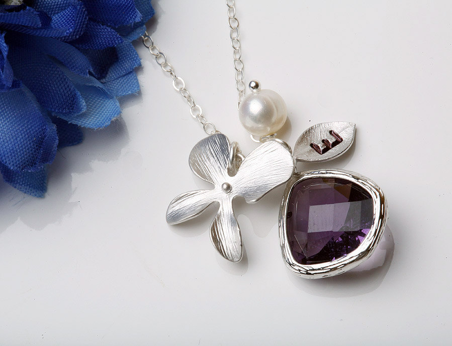 Orchid Flower,stone In Bezel,bridesmaid Gifts,flower Girl,flower Jewelry,silver Leaf Initial Necklace,pearl,wedding,monogram